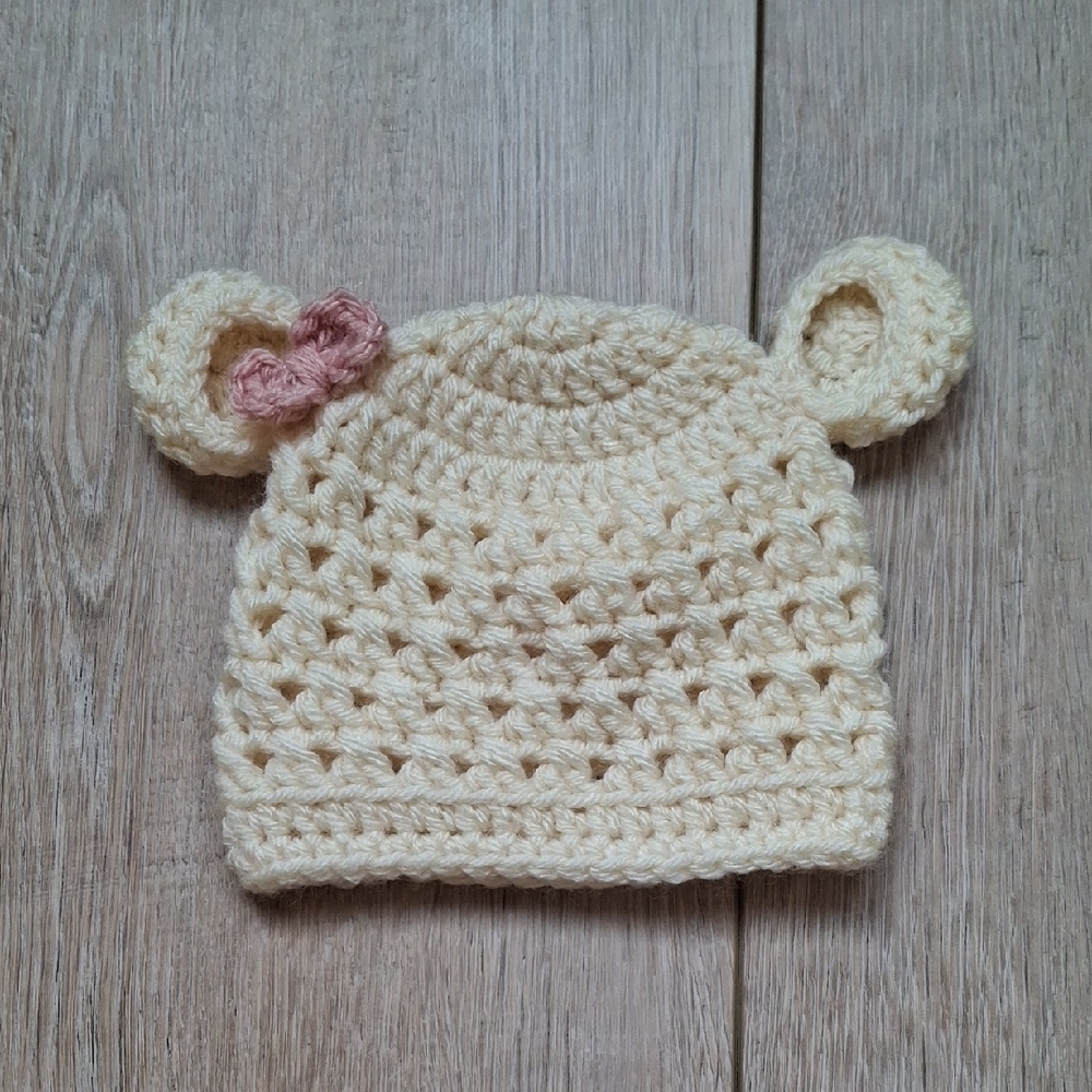 Cream & Pink Hand Knit Bear Ear & Bow Hat Newborn